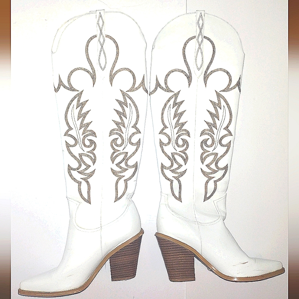 Billini - Cowboy Boots Knee High White With Brown Embroidery Size 9 US Women's